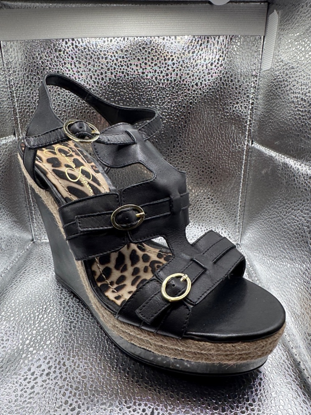 Jessica Simpson Black Leather Wedge Sandals with Gold Buckles